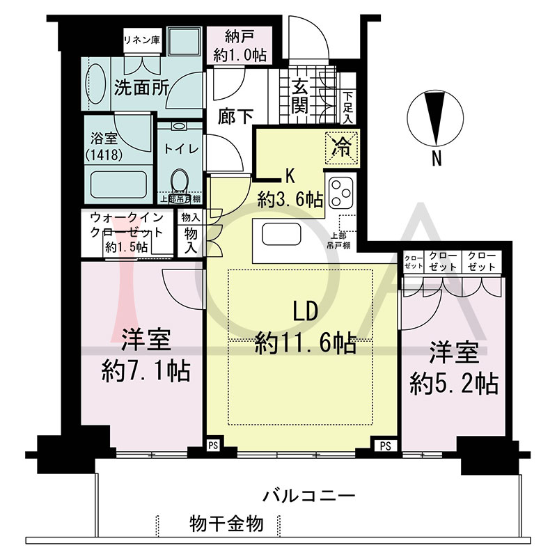 グランドメゾン新梅田タワー THE CLUB RESIDENCEの間取り図 北向き 2LDK+N+WIC 専有面積68.04m2
バルコニー面積15.56m2