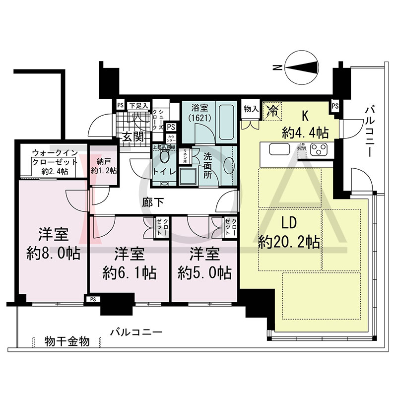 グランドメゾン新梅田タワー THE CLUB RESIDENCEの間取り図 南西向き角 3LDK+N+WIC+SC 専有面積101.01m2
バルコニー面積24.74m2