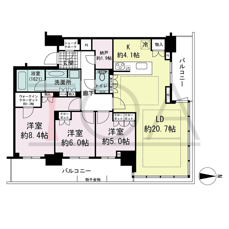 グランドメゾン新梅田タワー THE CLUB RESIDENCEの間取り図 北東向き角 3LDK+N+WIC+SC 専有面積103.73m2
バルコニー面積24.00m2