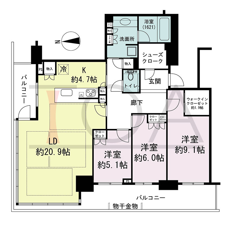 グランドメゾン新梅田タワー THE CLUB RESIDENCEの間取り図 北西向き角 3LDK+WIC+SC 専有面積109.57m2
バルコニー面積22.00m2