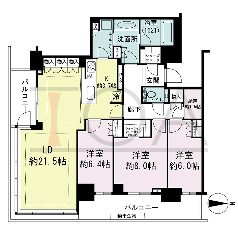 グランドメゾン新梅田タワー THE CLUB RESIDENCEの間取り図 南東向き角 3LDK+N+WIC+SC 専有面積110.66m2
バルコニー面積20.06m2