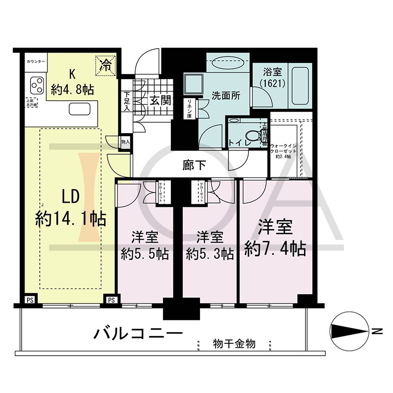 グランドメゾン新梅田タワー THE CLUB RESIDENCEの間取り図 東向き 3LDK+WIC 専有面積91.26m2
バルコニー面積17.60m2