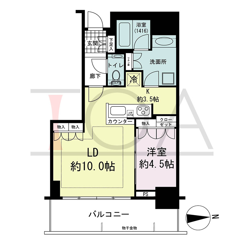 グランドメゾン新梅田タワー THE CLUB RESIDENCEの間取り図 東向き 1LDK 専有面積45.84m2
バルコニー面積10.95m2