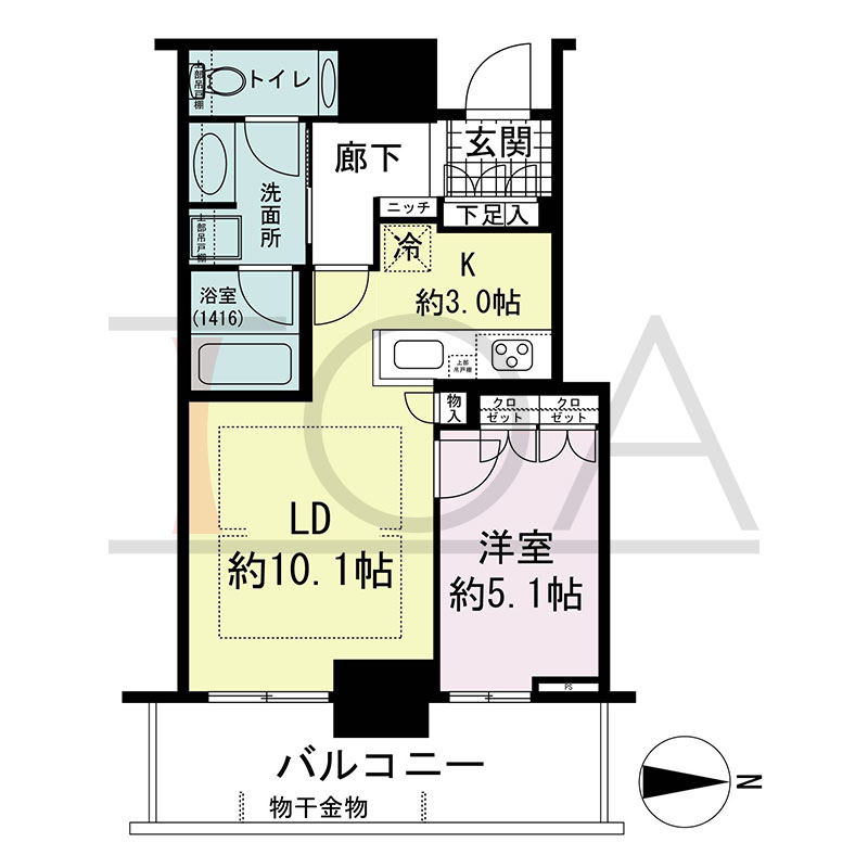 グランドメゾン新梅田タワー THE CLUB RESIDENCEの間取り図 東向き 1LDK 専有面積47.01m2
バルコニー面積10.99m2