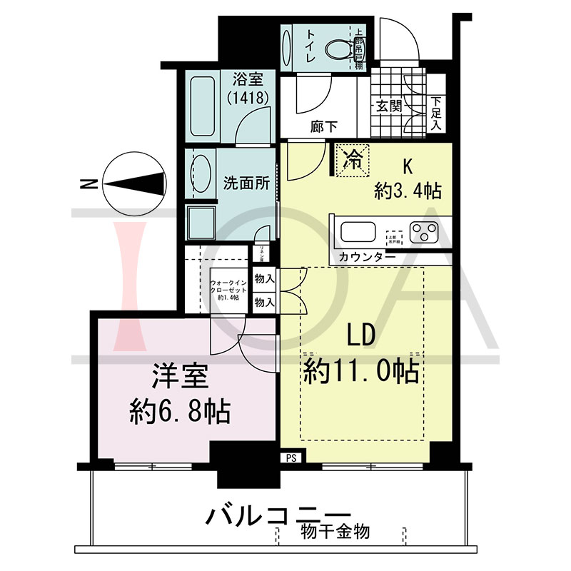 グランドメゾン新梅田タワー THE CLUB RESIDENCEの間取り図 西向き 1LDK+WIC 専有面積53.33m2
バルコニー面積13.19m2