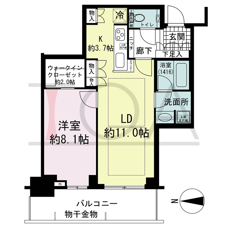 グランドメゾン新梅田タワー THE CLUB RESIDENCEの間取り図 西向き 1LDK+WIC 専有面積55.11m2
バルコニー面積10.68m2
