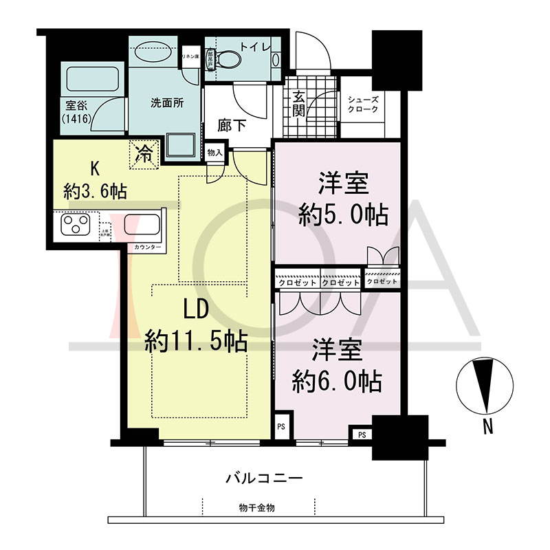 グランドメゾン新梅田タワー THE CLUB RESIDENCEの間取り図 北向き 2LDK+SC 専有面積61.46m2
バルコニー面積10.76m2