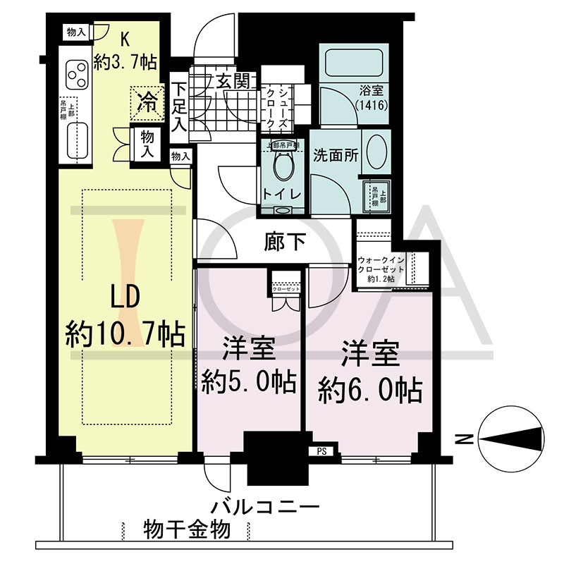 グランドメゾン新梅田タワー THE CLUB RESIDENCEの間取り図 西向き 2LDK+WIC+SC 専有面積65.35m2
バルコニー面積13.19m2