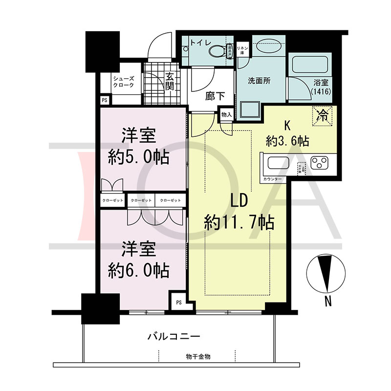グランドメゾン新梅田タワー THE CLUB RESIDENCEの間取り図 北向き 2LDK+SC 専有面積61.87m2
バルコニー面積10.78m2