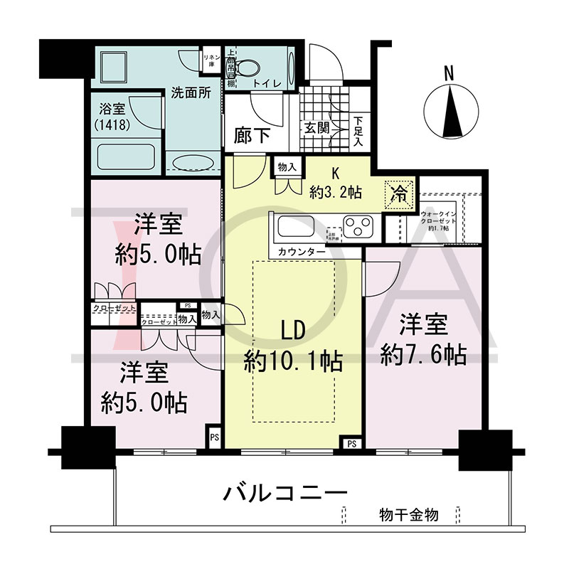 グランドメゾン新梅田タワー THE CLUB RESIDENCEの間取り図 南向き 3LDK+WIC 専有面積71.53m2
バルコニー面積15.40m2