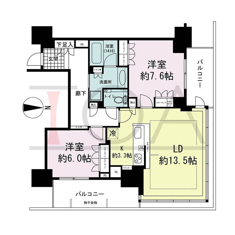 グランドメゾン新梅田タワー THE CLUB RESIDENCEの間取り図 北東向き角 2LDK 専有面積74.42m2
バルコニー面積15.75m2