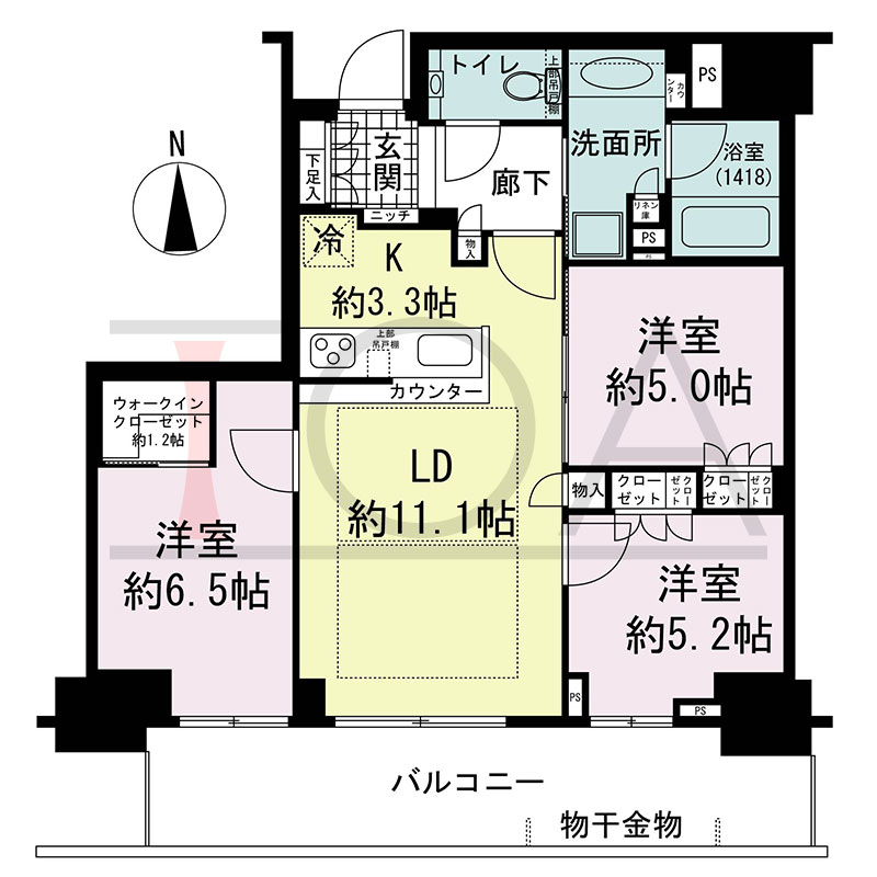 グランドメゾン新梅田タワー THE CLUB RESIDENCEの間取り図 南向き 3LDK+WIC 専有面積71.11m2
バルコニー面積15.57m2