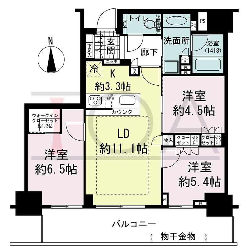 グランドメゾン新梅田タワー THE CLUB RESIDENCEの間取り図 南向き 3LDK+WIC 専有面積71.11m2
バルコニー面積15.57m2