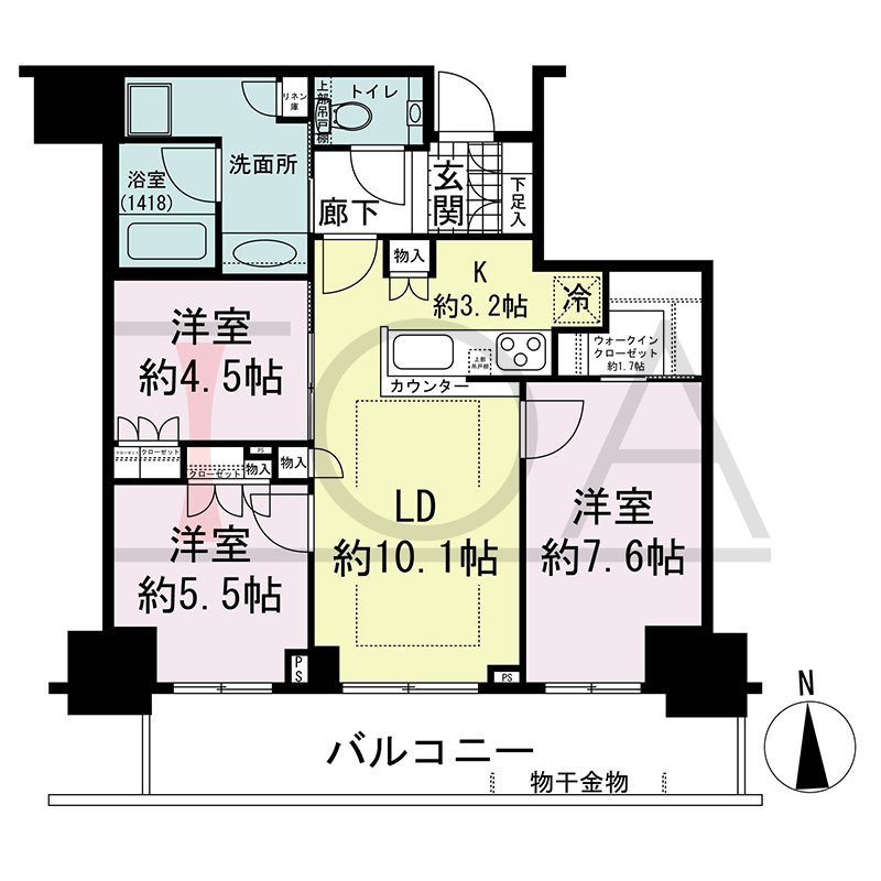 グランドメゾン新梅田タワー THE CLUB RESIDENCEの間取り図 南向き 3LDK+WIC 専有面積71.53m2
バルコニー面積15.40m2