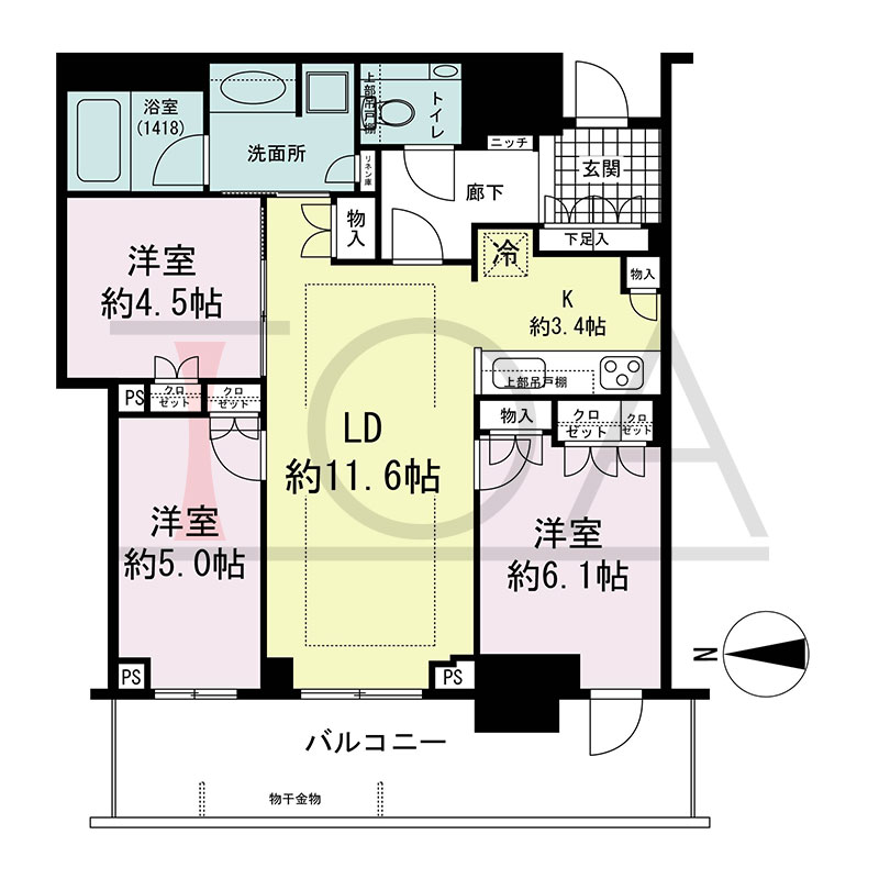 グランドメゾン新梅田タワー THE CLUB RESIDENCEの間取り図 西向き 3LDK 専有面積71.85m2
バルコニー面積14.29m2