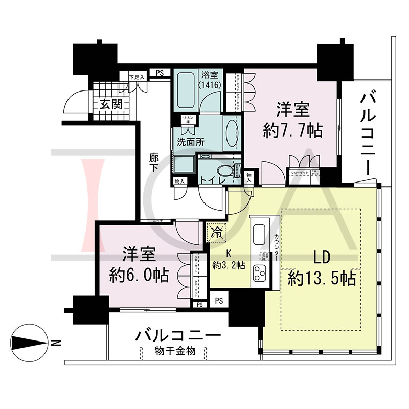 グランドメゾン新梅田タワー THE CLUB RESIDENCEの間取り図 北東向き角 2LDK 専有面積74.42m2
バルコニー面積15.75m2