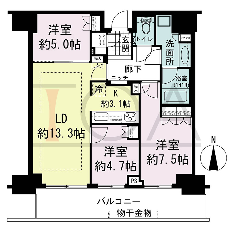 グランドメゾン新梅田タワー THE CLUB RESIDENCEの間取り図 南向き 3LDK+SC 専有面積75.91m2
バルコニー面積15.28m2