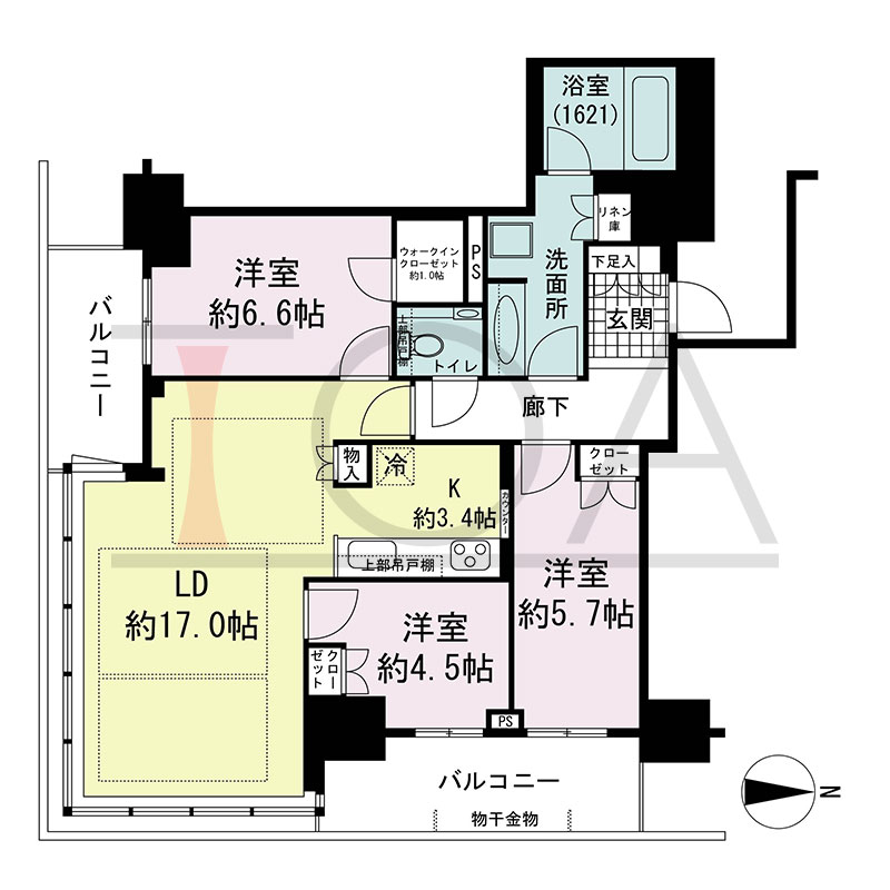 グランドメゾン新梅田タワー THE CLUB RESIDENCEの間取り図 南東向き角 3LDK+WIC 専有面積86.35m2
バルコニー面積15.64m2