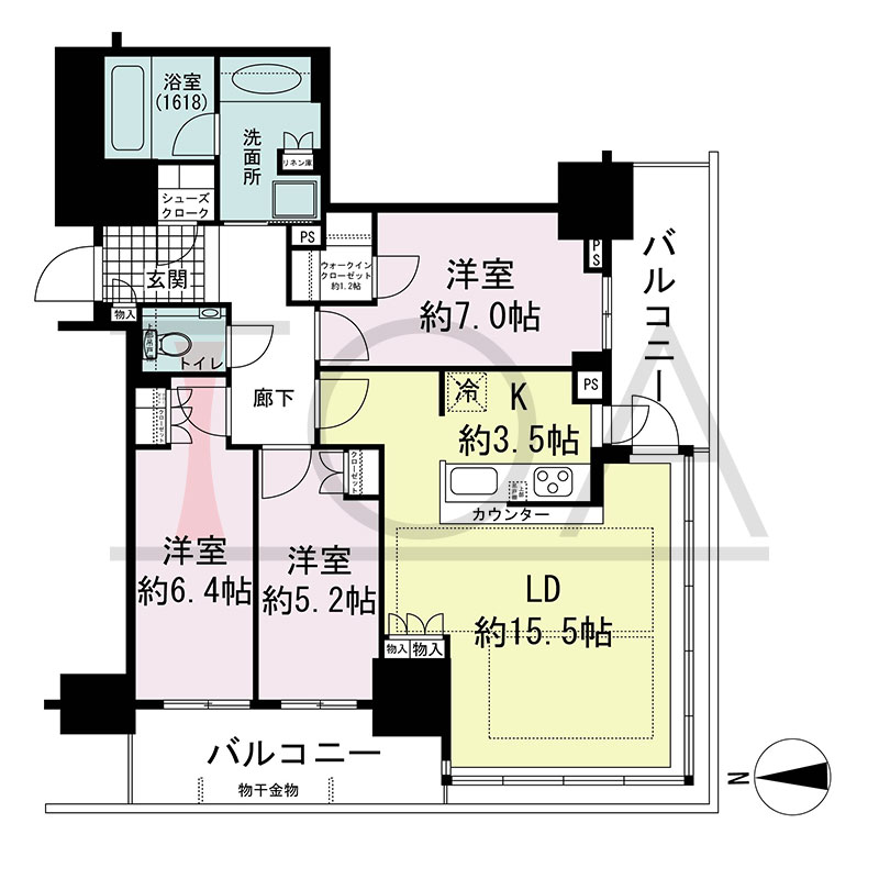 グランドメゾン新梅田タワー THE CLUB RESIDENCEの間取り図 南西向き角 3LDK+WIC+SC 専有面積88.55m2
バルコニー面積17.26m2