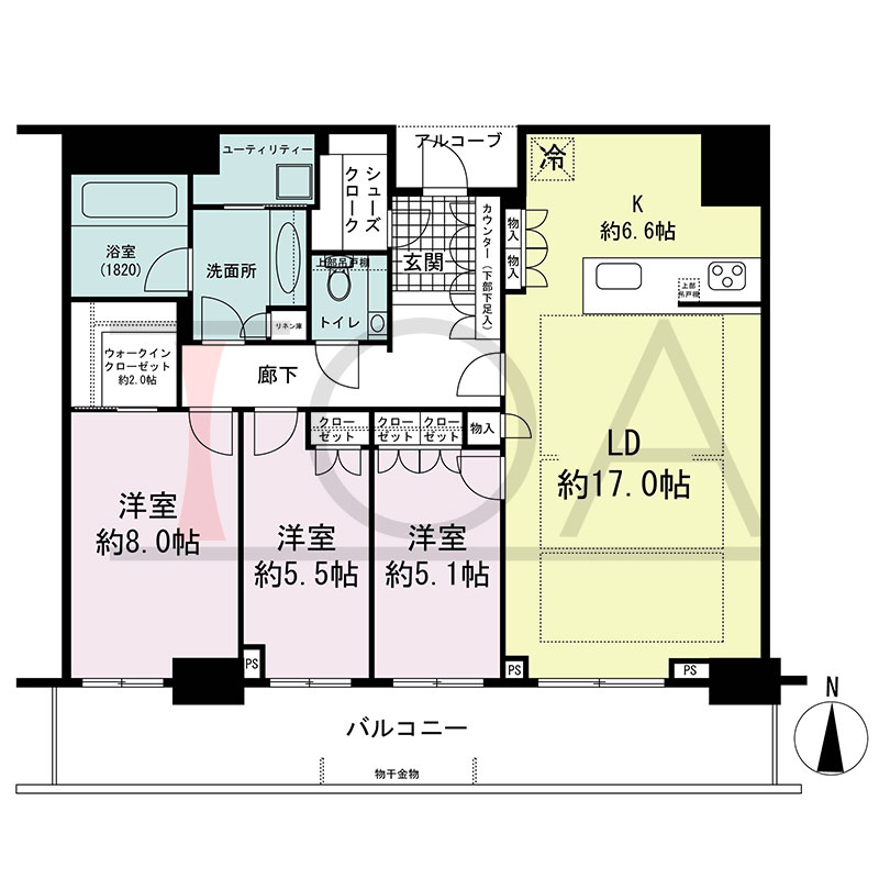 グランドメゾン新梅田タワー THE CLUB RESIDENCEの間取り図 南向き 3LDK+WIC+SC 専有面積102.60m2
バルコニー面積20.77m2