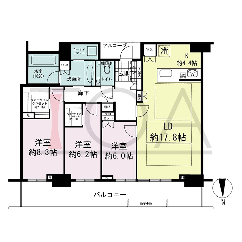 グランドメゾン新梅田タワー THE CLUB RESIDENCEの間取り図 北向き 3LDK+2WIC 専有面積103.07m2
バルコニー面積20.82m2