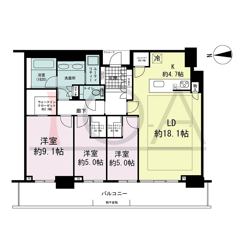 グランドメゾン新梅田タワー THE CLUB RESIDENCEの間取り図 西向き 3LDK+3WIC 専有面積103.31m2
バルコニー面積21.93m2