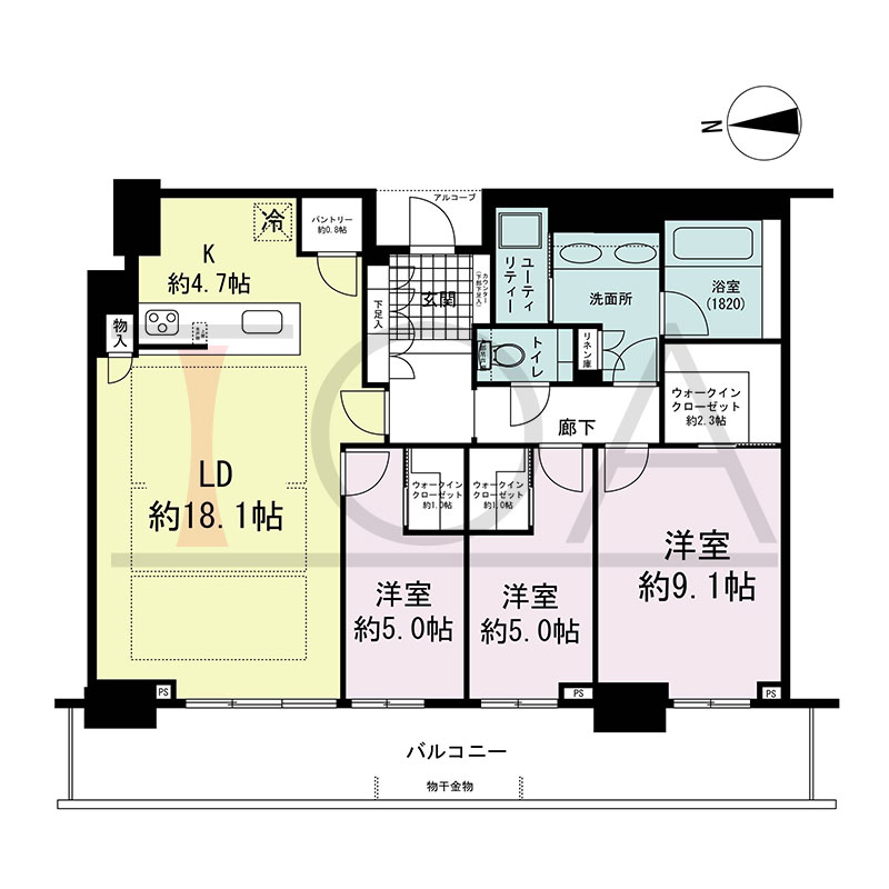 グランドメゾン新梅田タワー THE CLUB RESIDENCEの間取り図 西向き 3LDK+3WIC 専有面積103.31m2
バルコニー面積22.28m2