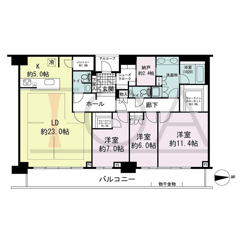グランドメゾン新梅田タワー THE CLUB RESIDENCEの間取り図 東向き 3LDK+N+2WIC+SC 専有面積135.91m2
バルコニー面積25.63m2