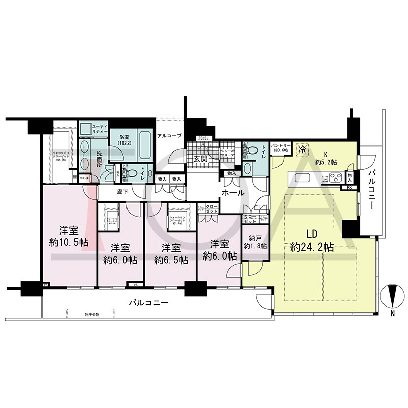 グランドメゾン新梅田タワー THE CLUB RESIDENCEの間取り図 北西向き角 4LDK+N+3WIC+SC 専有面積150.58m2
バルコニー面積28.62m2