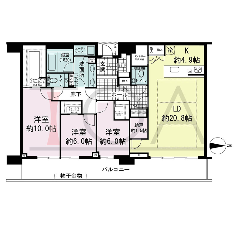 グランドメゾン新梅田タワー THE CLUB RESIDENCEの間取り図 東向き 3LDK+N+3WIC+SC 専有面積128.75m2
バルコニー面積25.38m2