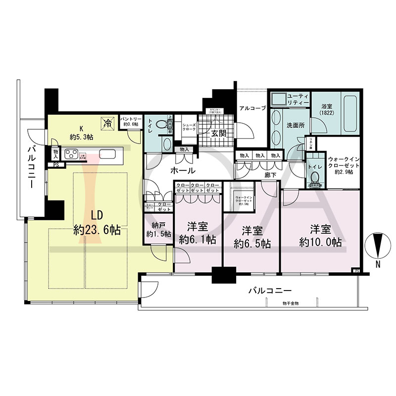 グランドメゾン新梅田タワー THE CLUB RESIDENCEの間取り図 南西向き角 3LDK+N+2WIC+SC 専有面積134.01m2
バルコニー面積25.61m2