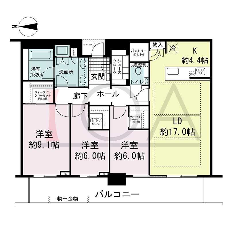 グランドメゾン新梅田タワー THE CLUB RESIDENCEの間取り図 西向き 3LDK+3WIC+SC 専有面積106.22m2
バルコニー面積19.81m2