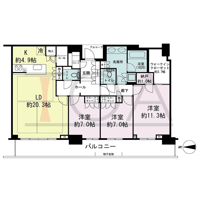 グランドメゾン新梅田タワー THE CLUB RESIDENCEの間取り図 西向き 3LDK+N+WIC+SC 専有面積128.71m2
バルコニー面積26.22m2