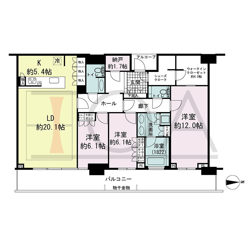グランドメゾン新梅田タワー THE CLUB RESIDENCEの間取り図 東向き 3LDK+N+WIC+SC 専有面積132.27m2
バルコニー面積27.18m2