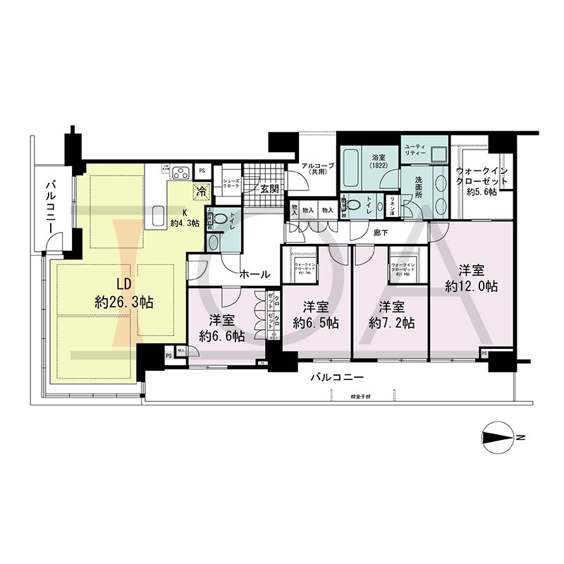 グランドメゾン新梅田タワー THE CLUB RESIDENCEの間取り図 南東向き角 4LDK+3WIC+SC 専有面積159.02m2
バルコニー面積30.63m2