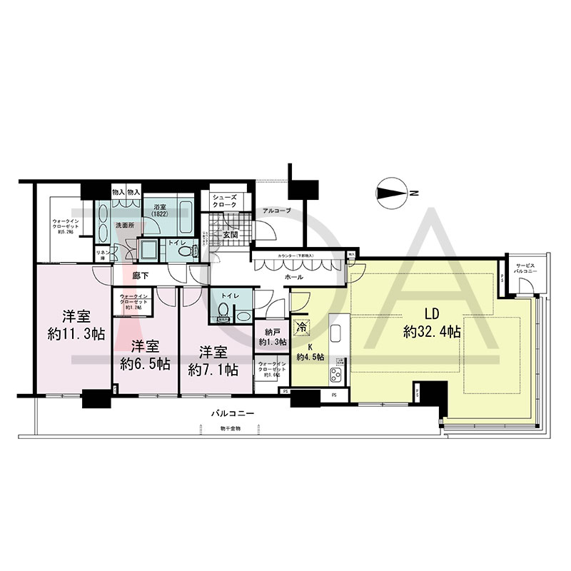 グランドメゾン新梅田タワー THE CLUB RESIDENCEの間取り図 北東向き角 3LDK+N+3WIC+SC 専有面積159.18m2
バルコニー面積30.58m2