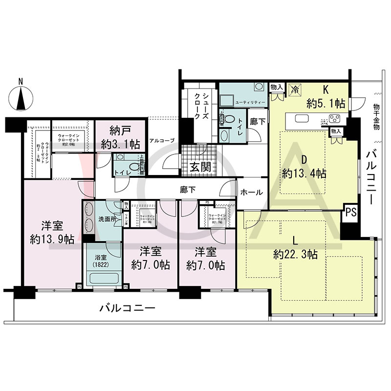 グランドメゾン新梅田タワー THE CLUB RESIDENCEの間取り図 南東向き角 3LDK+N+4WIC+SC 専有面積181.97m2
バルコニー面積35.83m2
