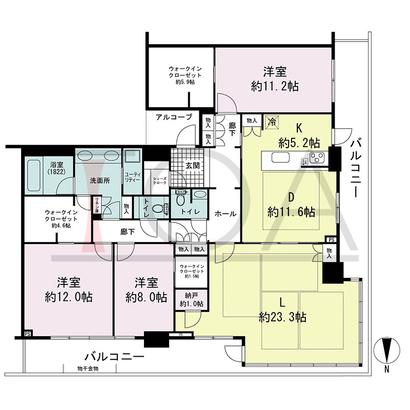 グランドメゾン新梅田タワー THE CLUB RESIDENCEの間取り図 北西向き角 3LDK+N+3WIC+SC 専有面積183.70m2
バルコニー面積36.97m2