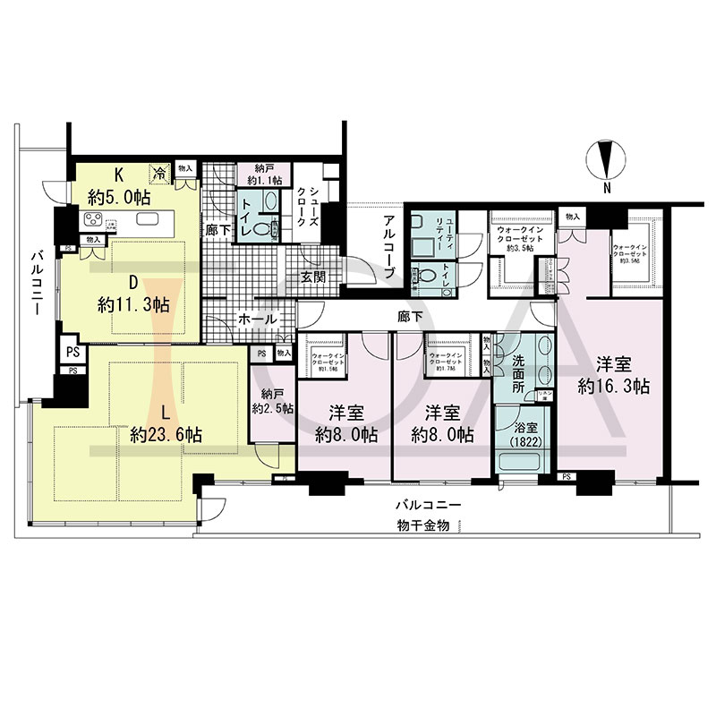 グランドメゾン新梅田タワー THE CLUB RESIDENCEの間取り図 北東向き角 3LDK+2N+4WIC+SC 専有面積199.89m2
バルコニー面積39.37m2