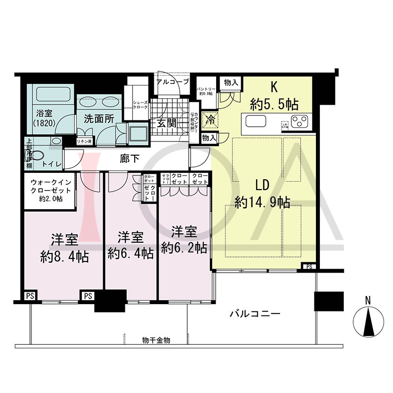 グランドメゾン新梅田タワー THE CLUB RESIDENCEの間取り図 南向き 3LDK+WIC+SC 専有面積100.36m2
バルコニー面積24.86m2