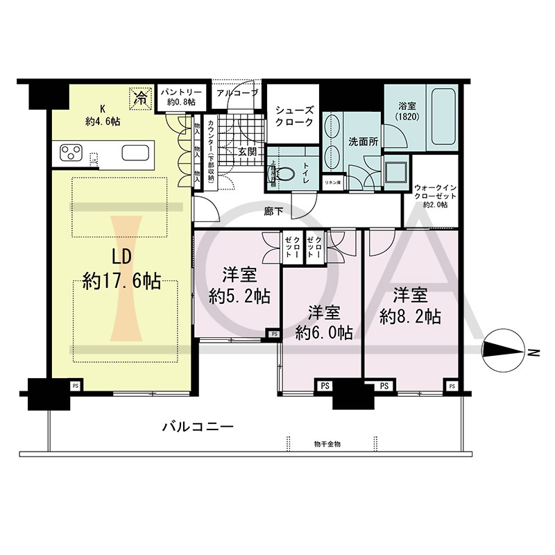 グランドメゾン新梅田タワー THE CLUB RESIDENCEの間取り図 東向き 3LDK+WIC+SC 専有面積101.41m2
バルコニー面積24.69m2