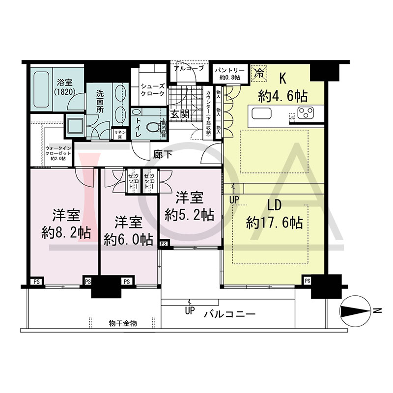 グランドメゾン新梅田タワー THE CLUB RESIDENCEの間取り図 東向き 3LDK+WIC+SC 専有面積101.41m2
バルコニー面積24.69m2