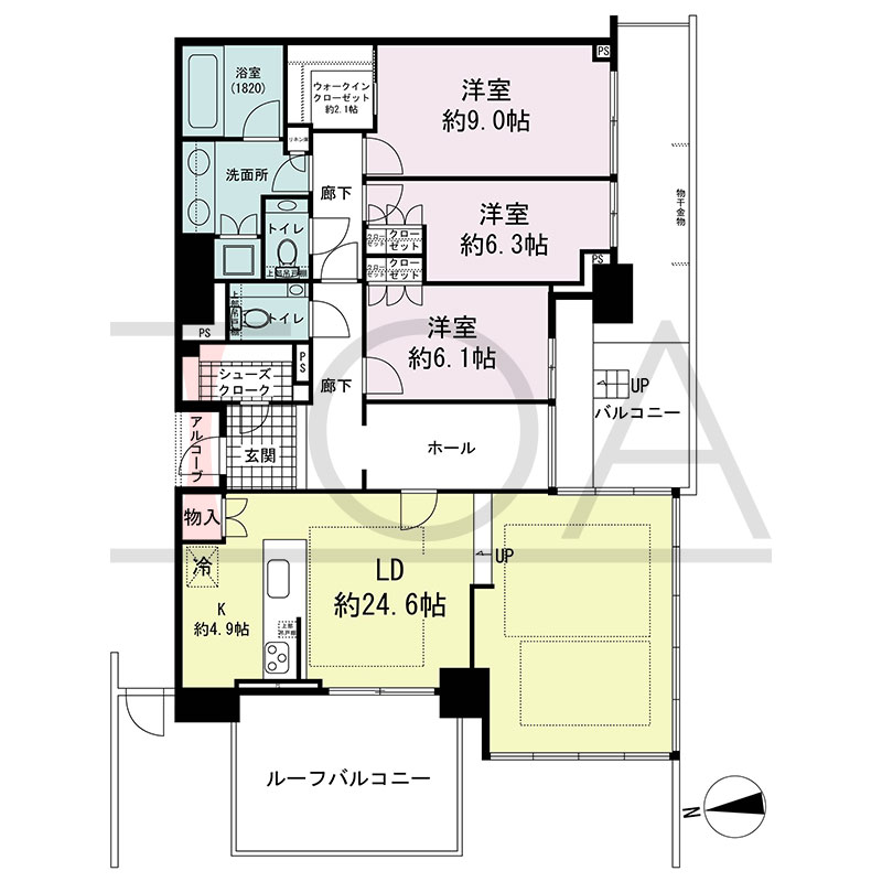 グランドメゾン新梅田タワー THE CLUB RESIDENCEの間取り図 南西向き 3LDK+WIC+SC 専有面積128.56m2
バルコニー面積22.50m2
ルーフバルコニー面積13.86m2
