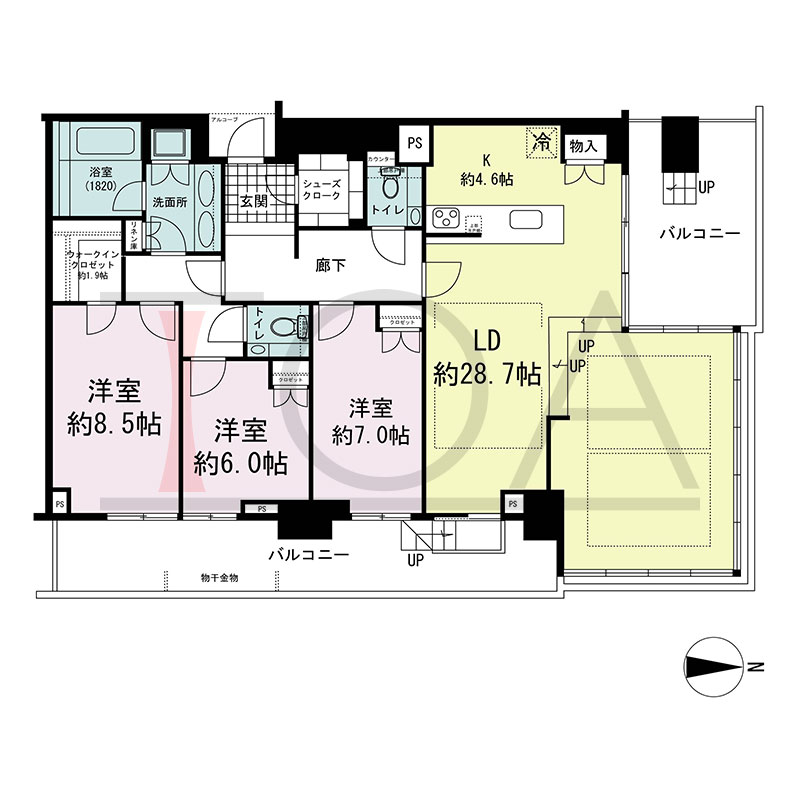 グランドメゾン新梅田タワー THE CLUB RESIDENCEの間取り図 北東向き角 3LDK+WIC+SC 専有面積128.93m2
バルコニー面積34.44m2