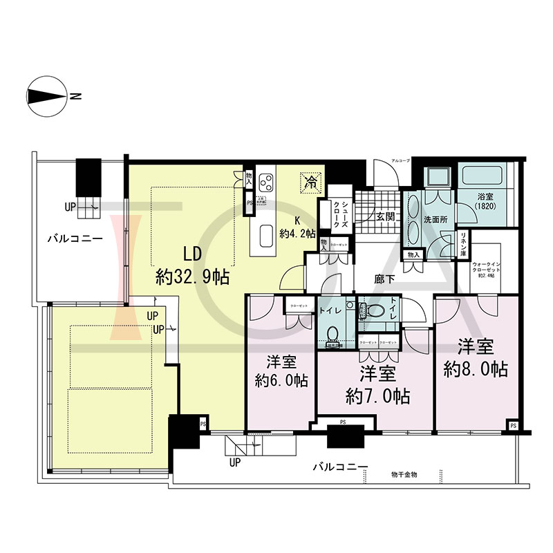 グランドメゾン新梅田タワー THE CLUB RESIDENCEの間取り図 南東向き角 3LDK+WIC+SC 専有面積130.11m2
バルコニー面積34.44m2