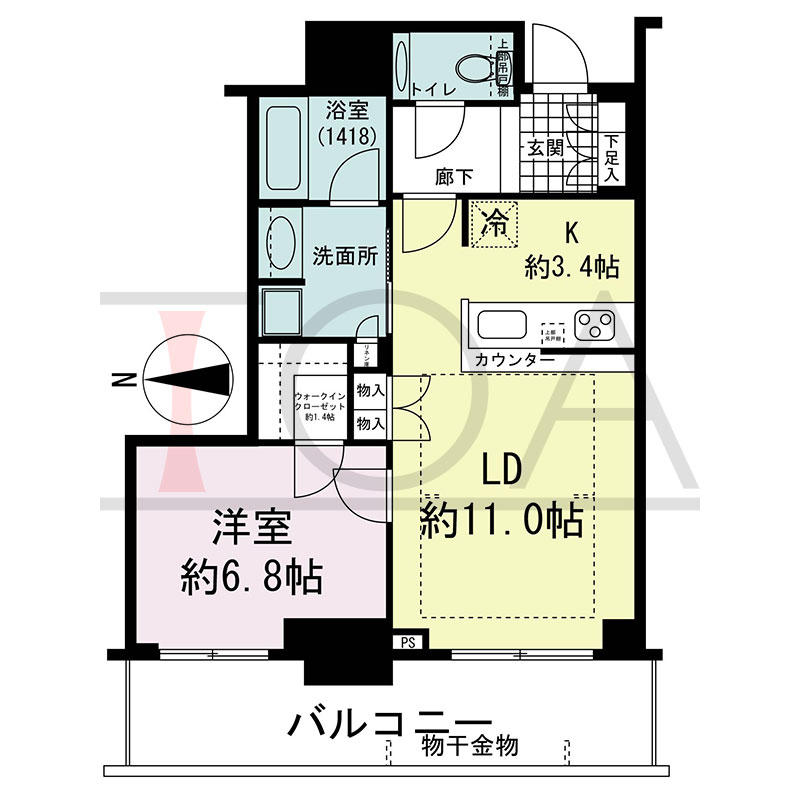 グランドメゾン新梅田タワー THE CLUB RESIDENCEの間取り図 西向き 1LDK+WIC 専有面積53.33m2
バルコニー面積13.19m2