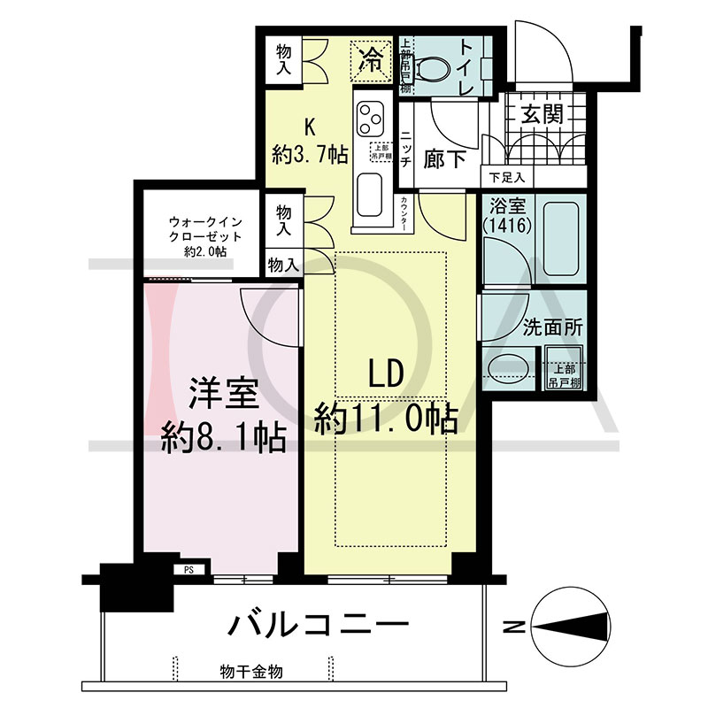 グランドメゾン新梅田タワー THE CLUB RESIDENCEの間取り図 西向き 1LDK+WIC 専有面積55.11m2
バルコニー面積10.68m2