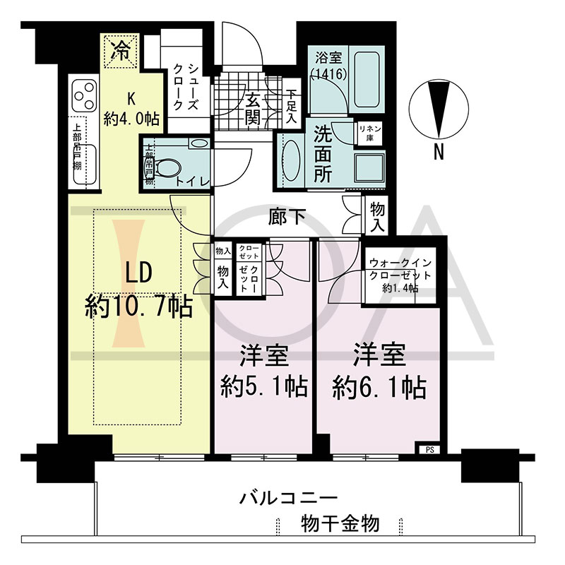 グランドメゾン新梅田タワー THE CLUB RESIDENCEの間取り図 西向き 2LDK+WIC+SC 専有面積65.21m2
バルコニー面積15.45m2