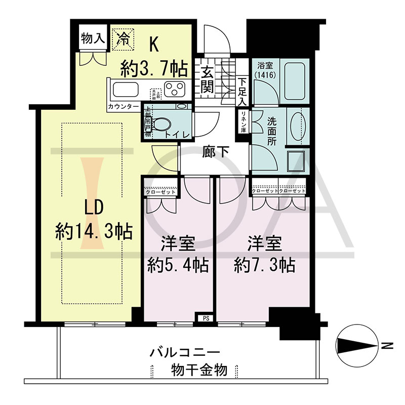 グランドメゾン新梅田タワー THE CLUB RESIDENCEの間取り図 東向き 2LDK 専有面積69.66m2
バルコニー面積13.52m2