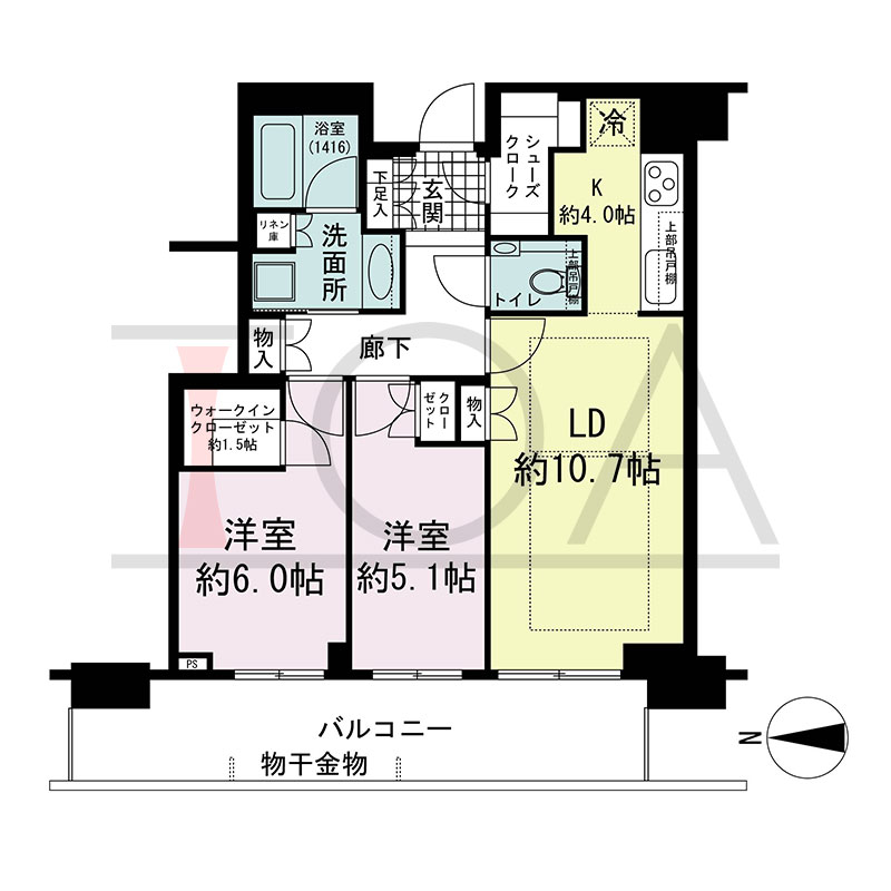 グランドメゾン新梅田タワー THE CLUB RESIDENCEの間取り図 西向き 2LDK+WIC+SC 専有面積65.21m2
バルコニー面積15.45m2